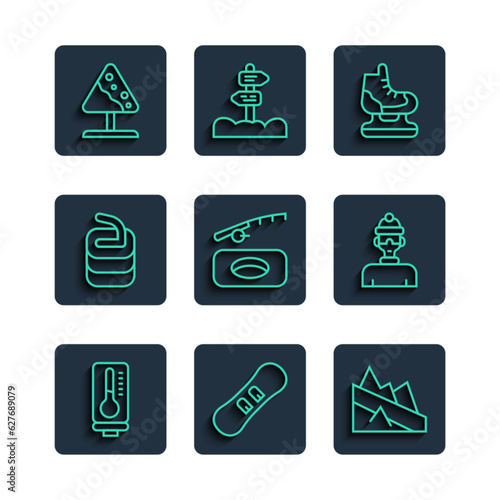 Set line Meteorology thermometer, Snowboard, Mountain descent, Skates, Winter fishing, Stone for curling, Road sign avalanches and athlete icon. Vector