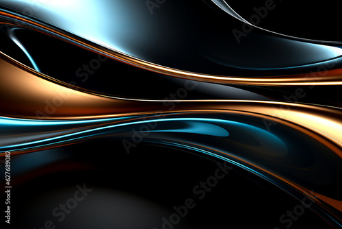 Dark smooth beautiful background with gold. Blue mirror surfaces. Fluid curls and flowing lines. AI generation