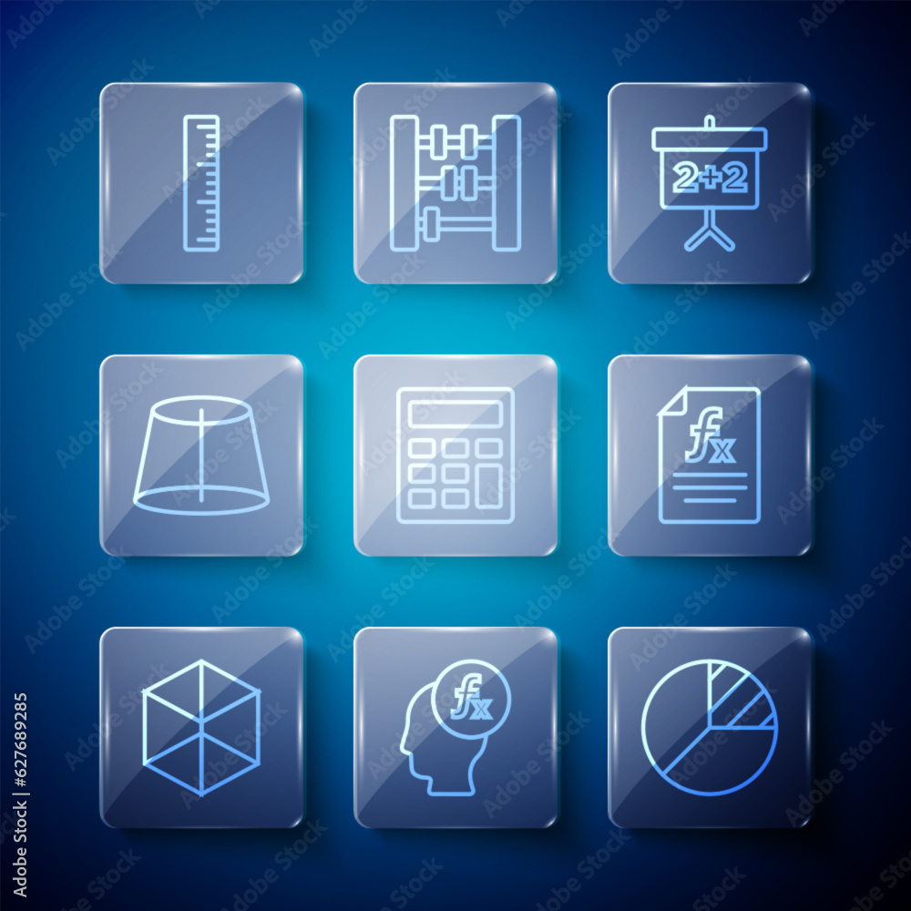 Set line Geometric figure Cube, Function mathematical symbol, Pie chart infographic, Chalkboard, Calculator, Ruler and icon. Vector Set line Geometric figure Cube, Function mathematical symbol, Pie chart infographic, Chalkboard, Calculator, Ruler and icon. Vector