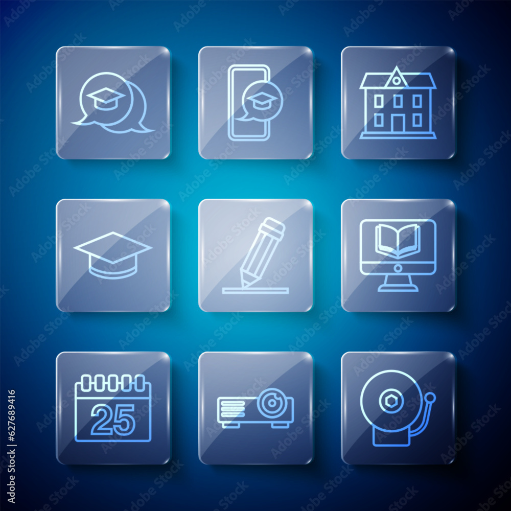 Set line Calendar, Movie, film, media projector, Ringing alarm bell, School building, Pencil with eraser, Graduation cap, speech bubble and Online class icon. Vector Set line Calendar, Movie, film, media projector, Ringing alarm bell, School building, Pencil with eraser, Graduation cap, speech bubble and Online class icon. Vector