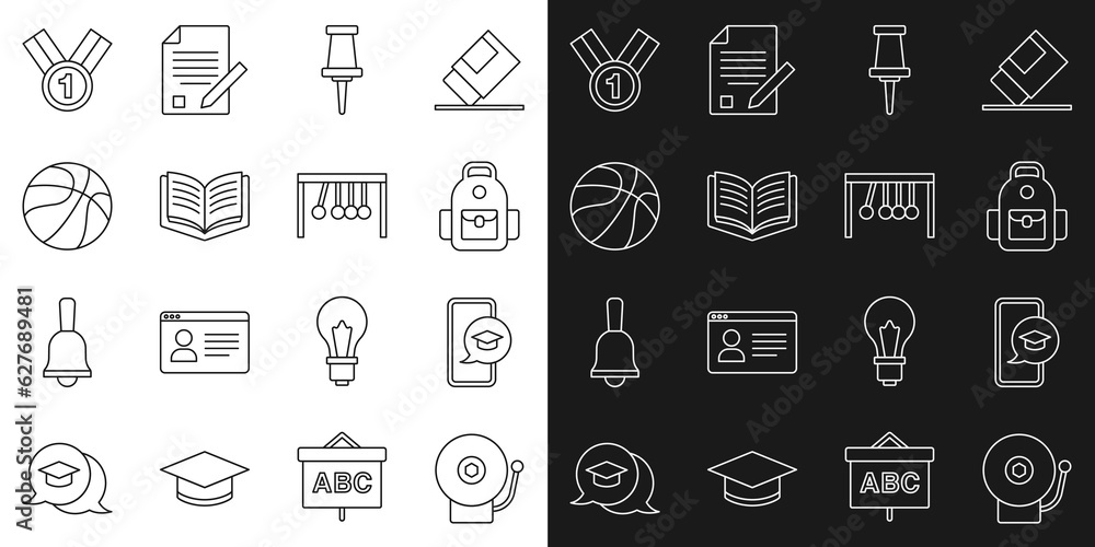 Set line Ringing alarm bell, Graduation cap on mobile, School backpack, Push pin, Open book, Basketball ball, Medal and Pendulum icon. Vector