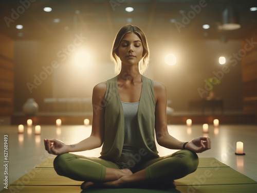 Hübsche Frau macht Yoga im Schneidersitz mit Sportoutfit am Boden und schöner Kerzen Stimmung, ai generativ photo