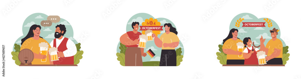 Oktoberfest festival set. Cheerful Bavarian pub worker in a national Oktoberfest festival set. Cheerful Bavarian pub worker in a national