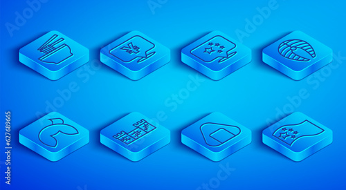 Set line Asian noodles in bowl, Chinese Yuan currency, China flag, Great wall of, Sushi, Fish steak, fortune cookie and icon. Vector