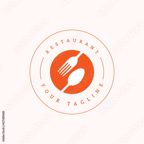 Restaurant logo with spoon and fork icon, modern concept of lines