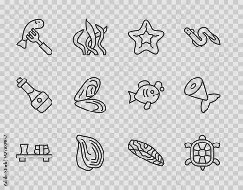 Set line Sushi on cutting board, Turtle, Starfish, Mussel, Served plate, Fish steak and tail icon. Vector