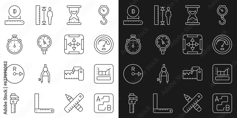 Set line Route location, Graph, schedule, chart, diagram, Speedometer, Old hourglass with sand, Pressure water, Stopwatch, Diameter and Area measurement icon. Vector