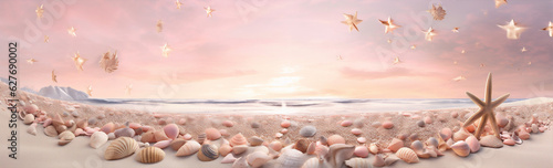 ocean summer beach tropical banner sand nature shell sea holiday. Generative AI.