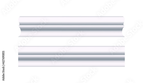 Ceiling cornice. White molding. Can be used to decorate any interior as an artistic element on house walls, ceilings, smooth surfaces. Realistic vector illustration isolated on white background.