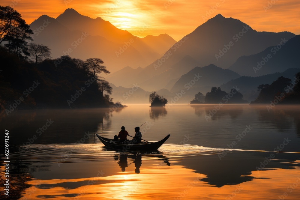 Ephemeral Harmony: The Canoe's Silhouette Embracing the Calm Waters of a Twilight Lake, Enveloped by Majestic Mountains Generative AI