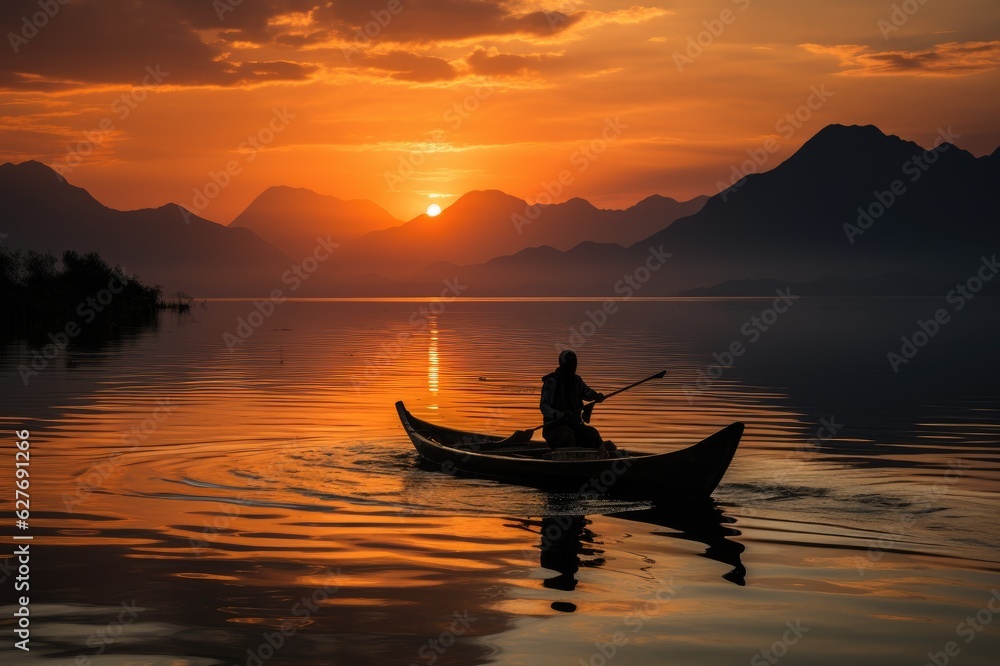 Journey to Dusk: A Canoe's Silhouette Silently Sailing through a Peaceful Lake, Surrounded by Towering Mountains Generative AI