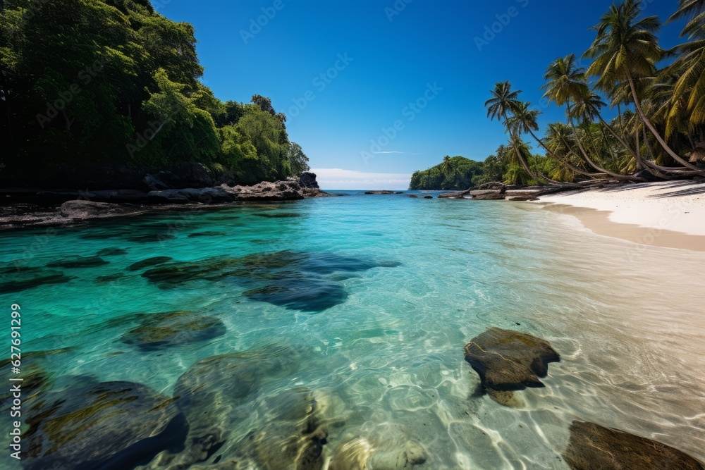 Fototapeta premium Serene Indonesian Beach with Palm Tree, Generative AI