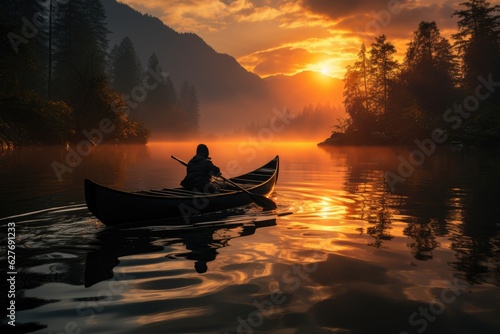 Tranquil Horizons: A Canoe's Silhouette Gliding Along a Serene Lake at Sunset, Encircled by Towering Mountains Generative AI