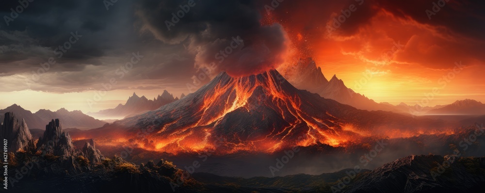 Active vulcano outbreak lava in big shaped mountains, fog all around, close upon lava, panorama. Active vulcano outbreak lava in big shaped mountains, fog all around, close upon lava, panorama.