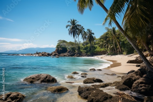 Serene Indonesian Beach with Palm Tree, Generative AI
