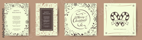 Set of Christmas Greeting cards, posters, A4 Letter Template in Earth tone color palettes. Monochromatic Christmas Backgrounds with elegant Christmas elements. Editable Vector Illustration. EPS 10.