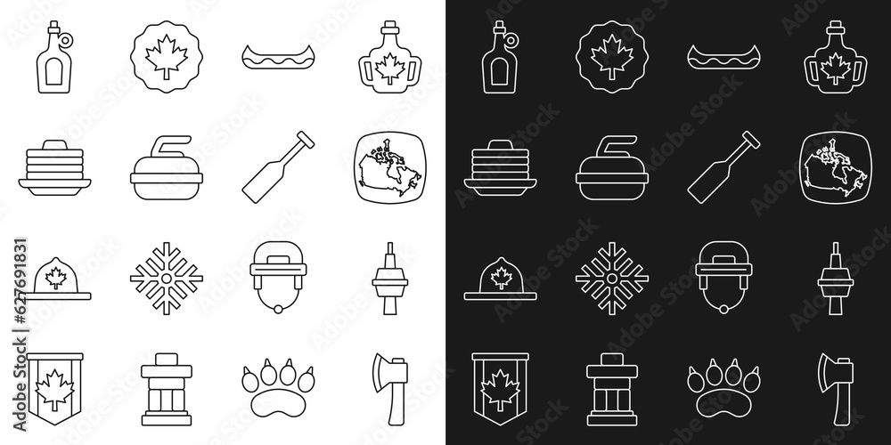 Set line Wooden axe, TV CN Tower in Toronto, Canada map, Kayak, Stone for curling, Stack of pancakes, Bottle maple syrup and Paddle icon. Vector Set line Wooden axe, TV CN Tower in Toronto, Canada map, Kayak, Stone for curling, Stack of pancakes, Bottle maple syrup and Paddle icon. Vector