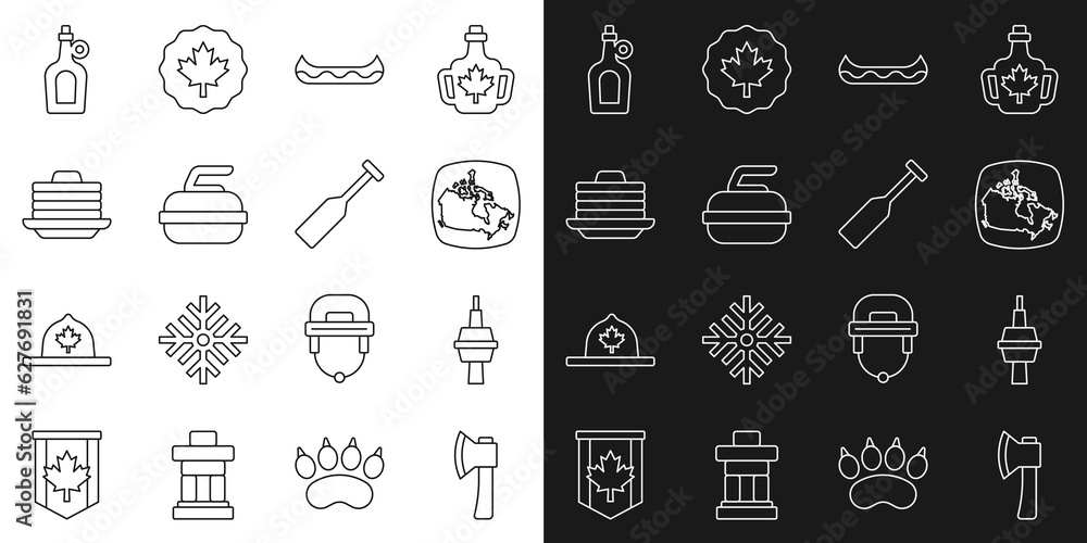 Set line Wooden axe, TV CN Tower in Toronto, Canada map, Kayak, Stone for curling, Stack of pancakes, Bottle maple syrup and Paddle icon. Vector