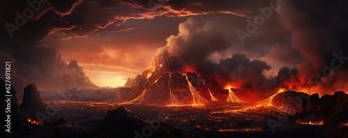 Active vulcano outbreak lava in big shaped mountains, fog all around, close upon lava, panorama.