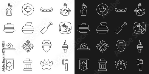 Set line Wooden axe, TV CN Tower in Toronto, Canada map, Kayak, Stone for curling, Stack of pancakes, Bottle maple syrup and Paddle icon. Vector