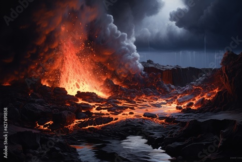 Active vulcano outbreak lava in big shaped mountains, fog all around, close up on lava.