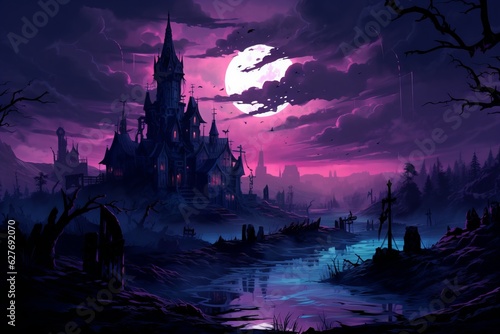 Synthwave gothic village at medieval times. Beautiful illustration picture. Generative AI