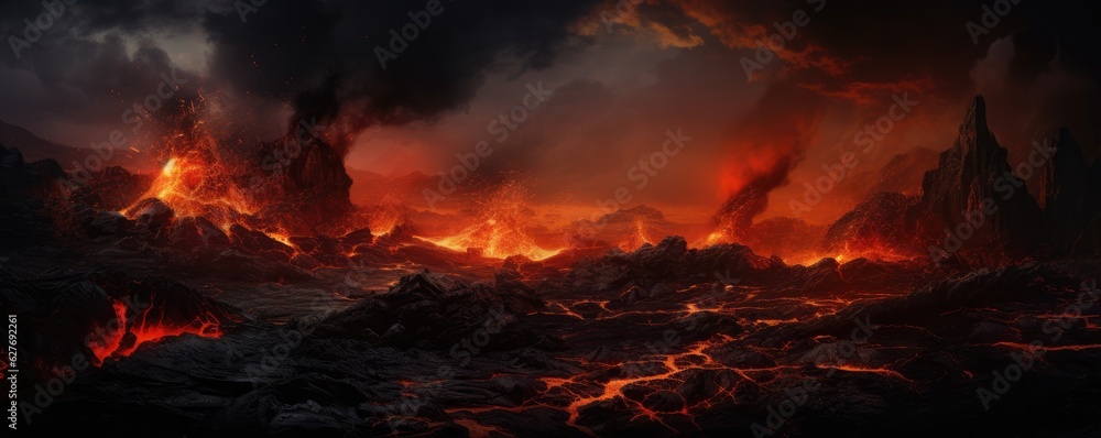 Active vulcano outbreak lava in big shaped mountains, fog all around, close up on lava. Active vulcano outbreak lava in big shaped mountains, fog all around, close up on lava.