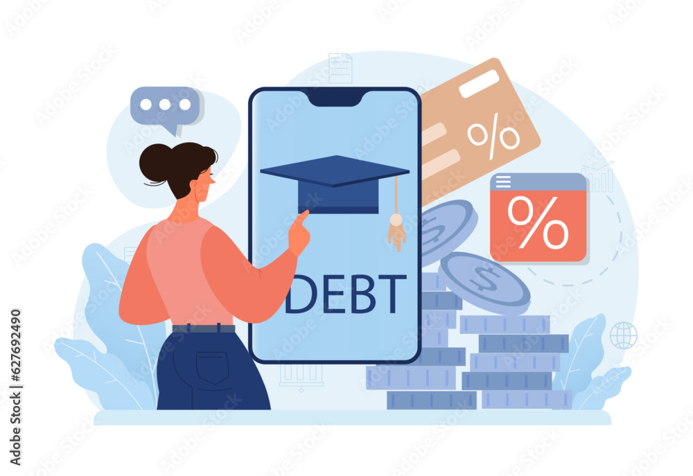 Student debt. Young graduated character with a financial crisis. Expencive