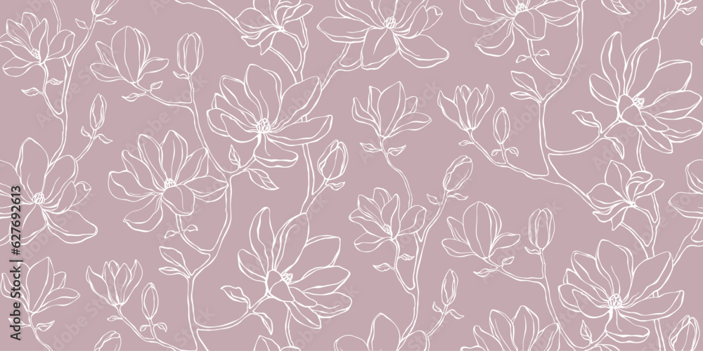 Elegant floral seamless pattern - branches with magnolia flowers. Repeat print with delicate petals. Simple line minimalism.