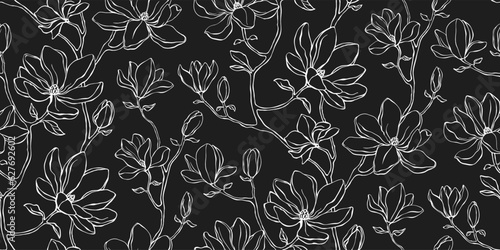 Elegant floral seamless pattern - branches with magnolia flowers. Black and white repeat print with delicate petals. Simple line minimalism.