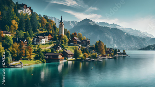 Idyllic Switzerland Village Panorama: High-Resolution Photo of Waterfall, Traditional Houses, Verdant Greenery, Blue Skies, and Majestic Mountains   © Sumuditha