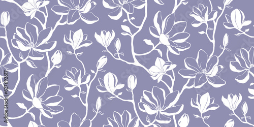 Elegant floral seamless pattern - branches with magnolia flowers. Repeat print with delicate petals. Simple line minimalism.