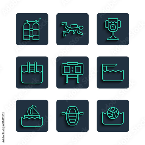 Set line Yacht sailboat, Boat with oars, Water polo, Award cup, Sport mechanical scoreboard, Swimming pool ladder, Aqualung and Diving springboard icon. Vector