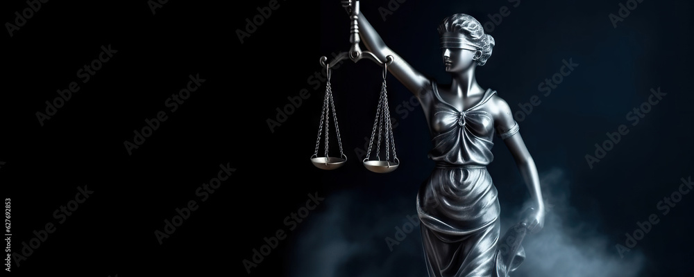Bronze statue of Themis, Goddess of Justice holding Law Scales. Copy space - obrazy, fototapety, plakaty 