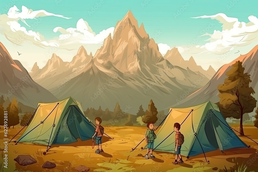 Illustrations where the guys set up camp with tents in a picturesque landscape with high mountains. Hiking and outdoor activities in the beauty of wild nature.