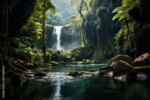 Stunning Waterfall Hidden in the Jungle, Generative AI © Shooting Star Std