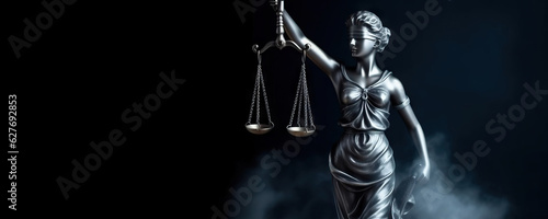 Bronze statue of Themis, Goddess of Justice holding Law Scales. Copy space photo