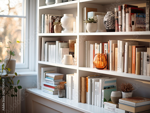 White wooden bookcase filled with books in a UK home setting, blurred image. Generative AI.