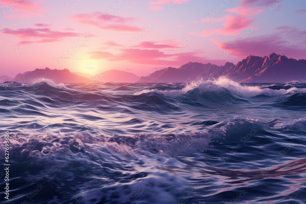Violet ocean waves. Beautiful illustration picture. Generative AI