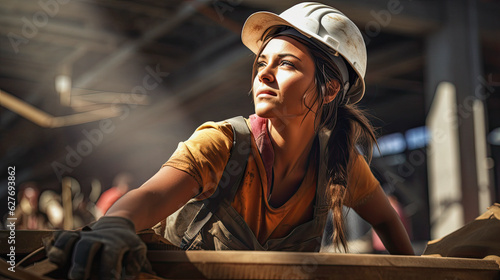 a young woman worker working confidently at a construction site, ai generative