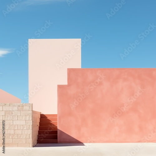 The pastel pink modern building style contrasts with the blue sky. minimalist abstracts background. generative ai