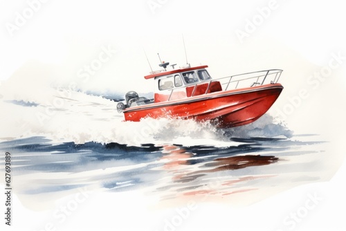 Watercolor painting of a race boat in action scene. Beautiful illustration picture. Generative AI