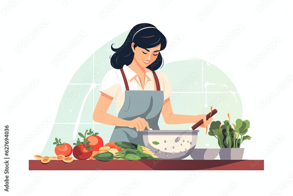 Beautiful woman cooking on the kitchen. homemade cooking. Housewife is cooking. Vector illustration in cartoon style. generative ai Beautiful woman cooking on the kitchen. homemade cooking. Housewife is cooking. Vector illustration in cartoon style. generative ai
