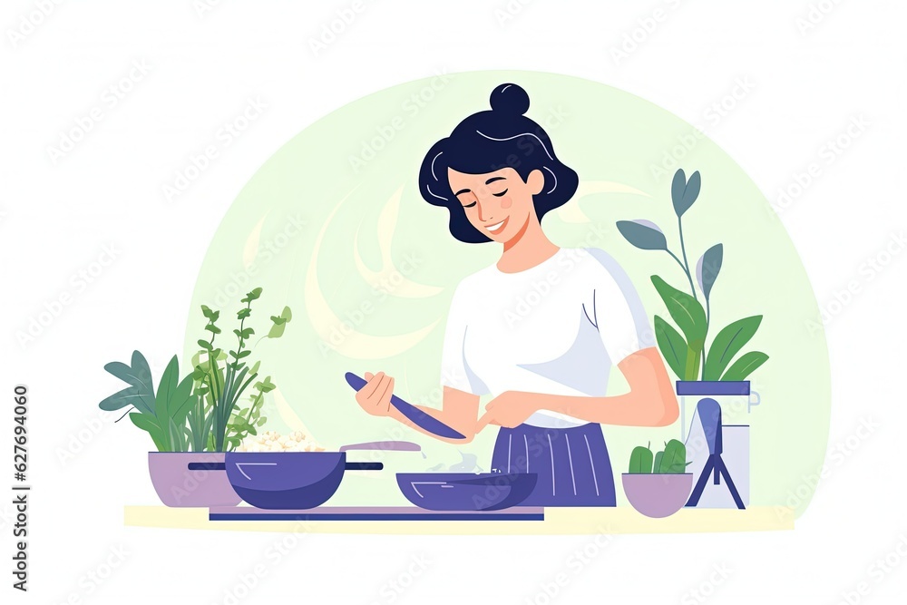 Illustration of housewife cooking in the kitchen. generative ai Illustration of housewife cooking in the kitchen. generative ai