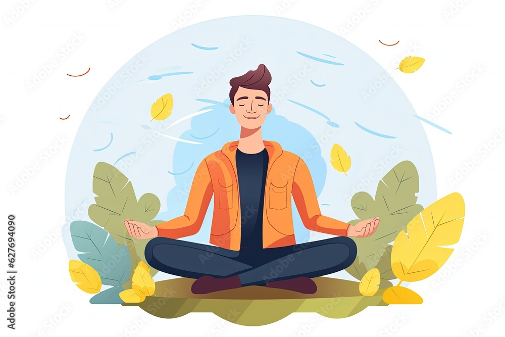 Young man meditating in nature. Illustration concept for yoga. Meditation. Relax. Mental health. generative ai