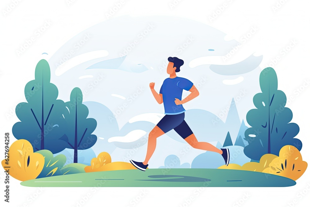 Young man jogging in park. runners running along path. healthy lifestyle. Colored flat vector illustration. generative ai