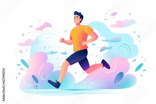 Young man jogging in park. runners running along path. healthy lifestyle. Colored flat vector illustration. generative ai © Sodapeaw