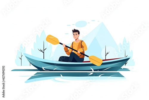 Young man paddling kayak. in river. water activity. Sport and tourism concept. Flat vector illustration isolated on white background. Generative ai