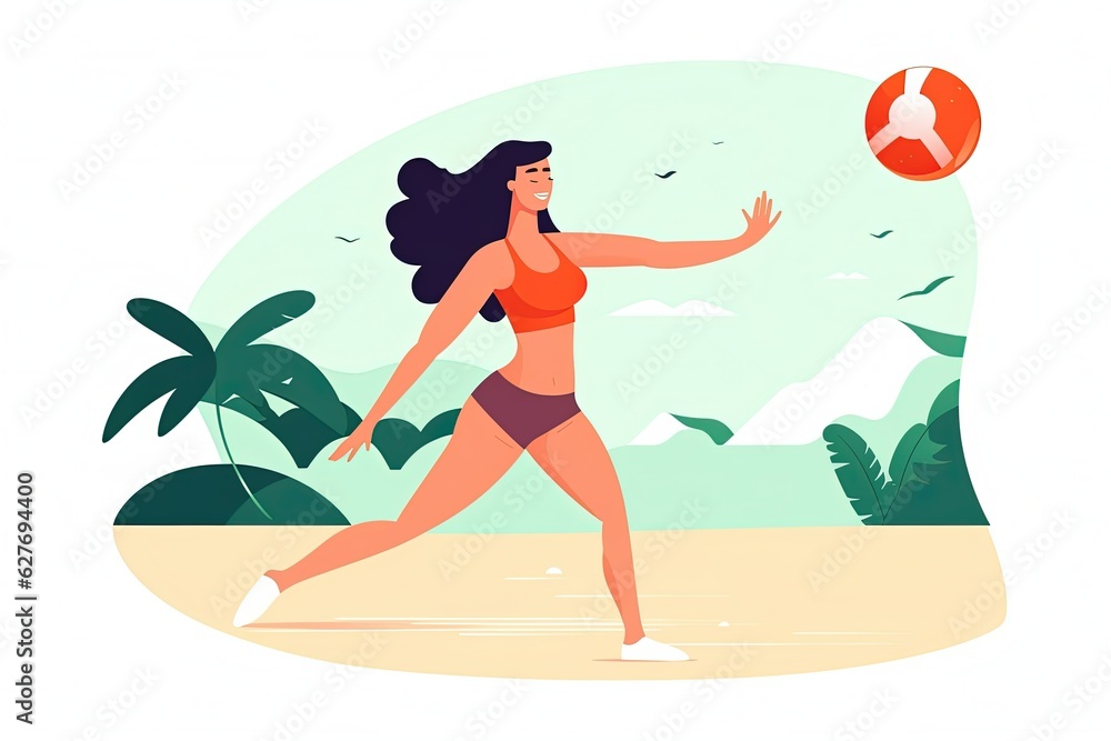 Illustration of girl playing volleyball at the beach. generative ai
