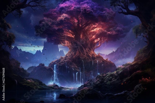 Dramatic lighting, big tree. Beautiful illustration picture. Generative AI